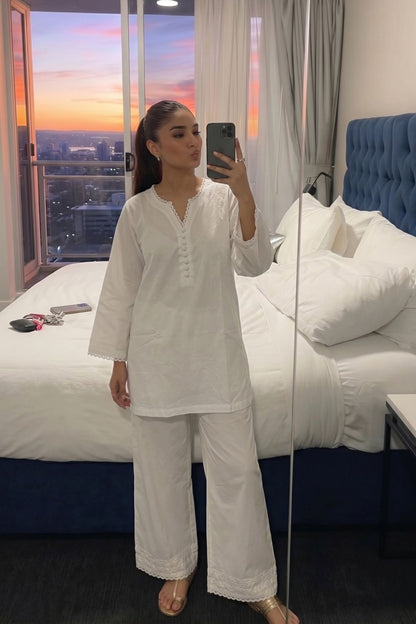 Solid Pure Cotton Short Kurta With Straight Palazzo Co-ord Set - White