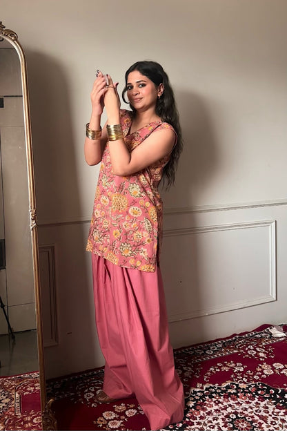 Cotton Block Printed Straight Kurta Salwar Set-Peach