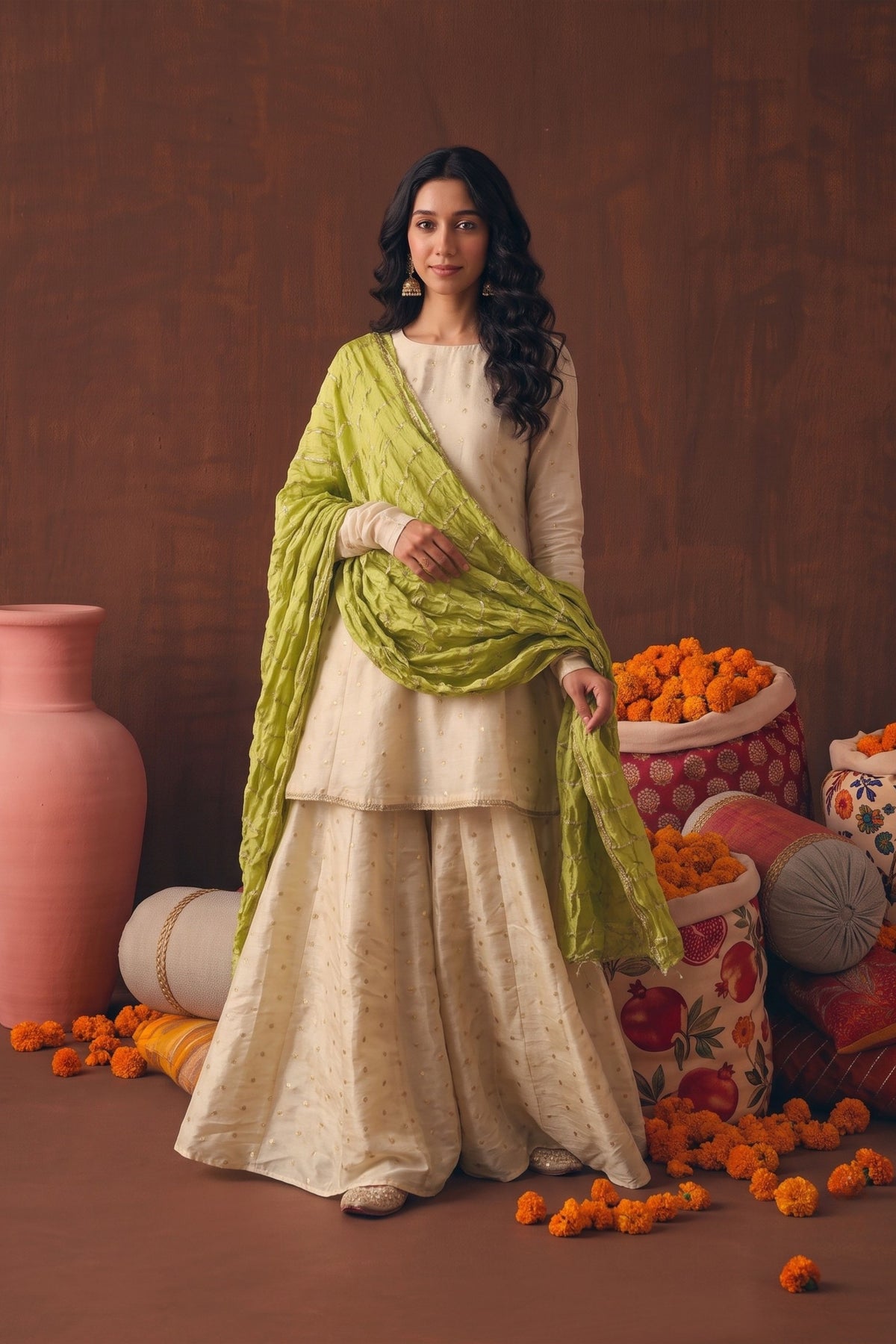 Heer Zari Embroidered Gharara Set With Tissue Dupatta