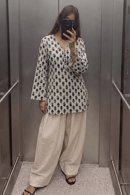 Cotton Block Printed Straight Kurta Farshi Salwar Set-Indigo & White