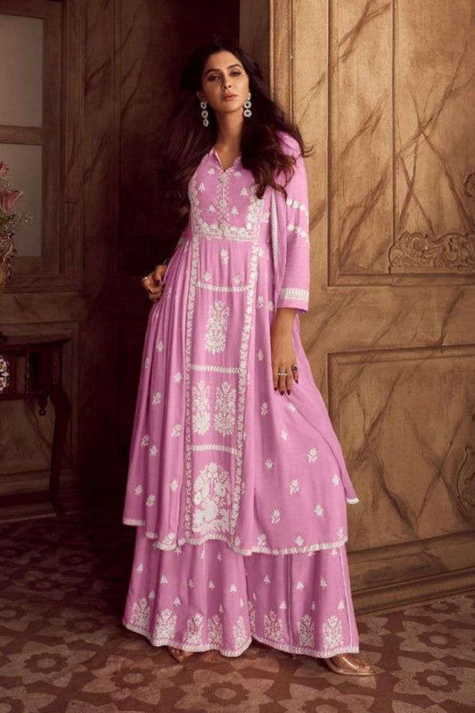 Rayon Pink Lucknowi Kurta Set With Dupatta