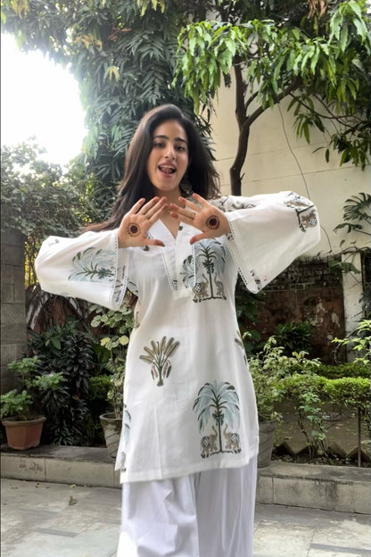 Cotton Palm Tree Block Printed Straight Kurta Farshi Salwar Set-White