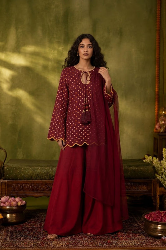 Maroon Modal Bandhani Farshi Salwar Set With Tassels