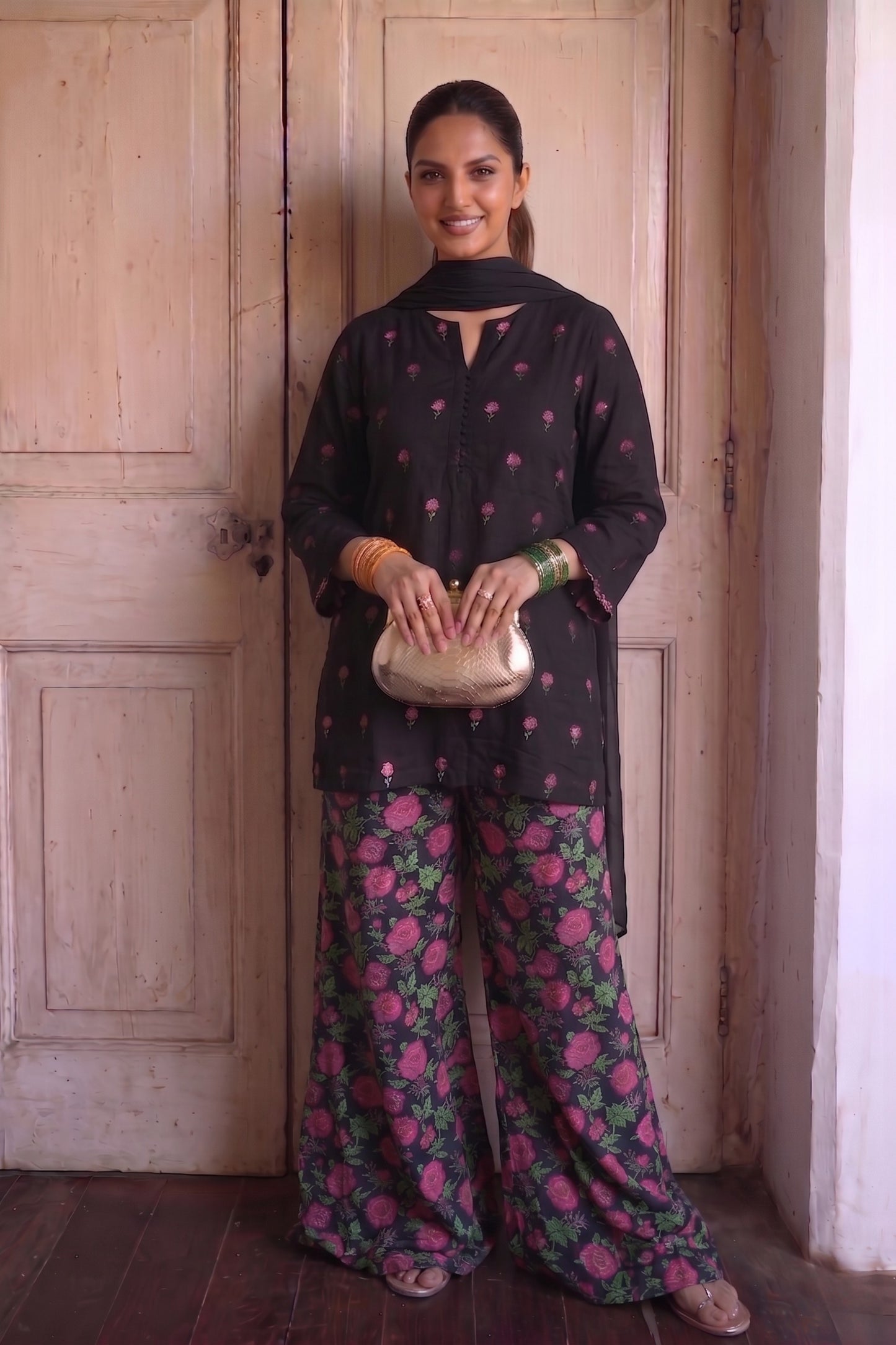 Black Embroidered Cotton Kurta with Printed Bell Bottom Pants