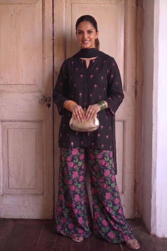Black Embroidered Cotton Kurta with Printed Bell Bottom Pants