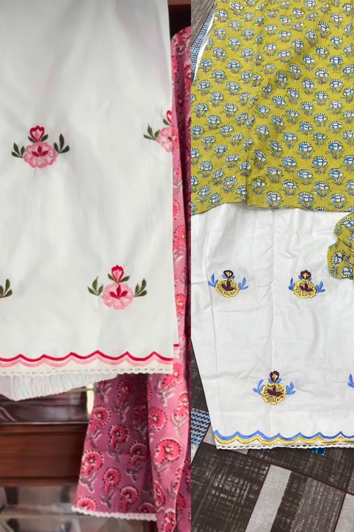 Cotton Block Printed Straight Kurta with Embroidered Farshi Salwar Set-Customisable