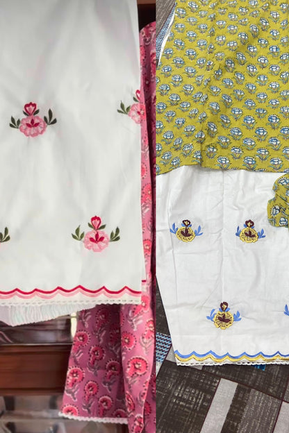 Cotton Block Printed Straight Kurta with Embroidered Farshi Salwar Set-Customisable