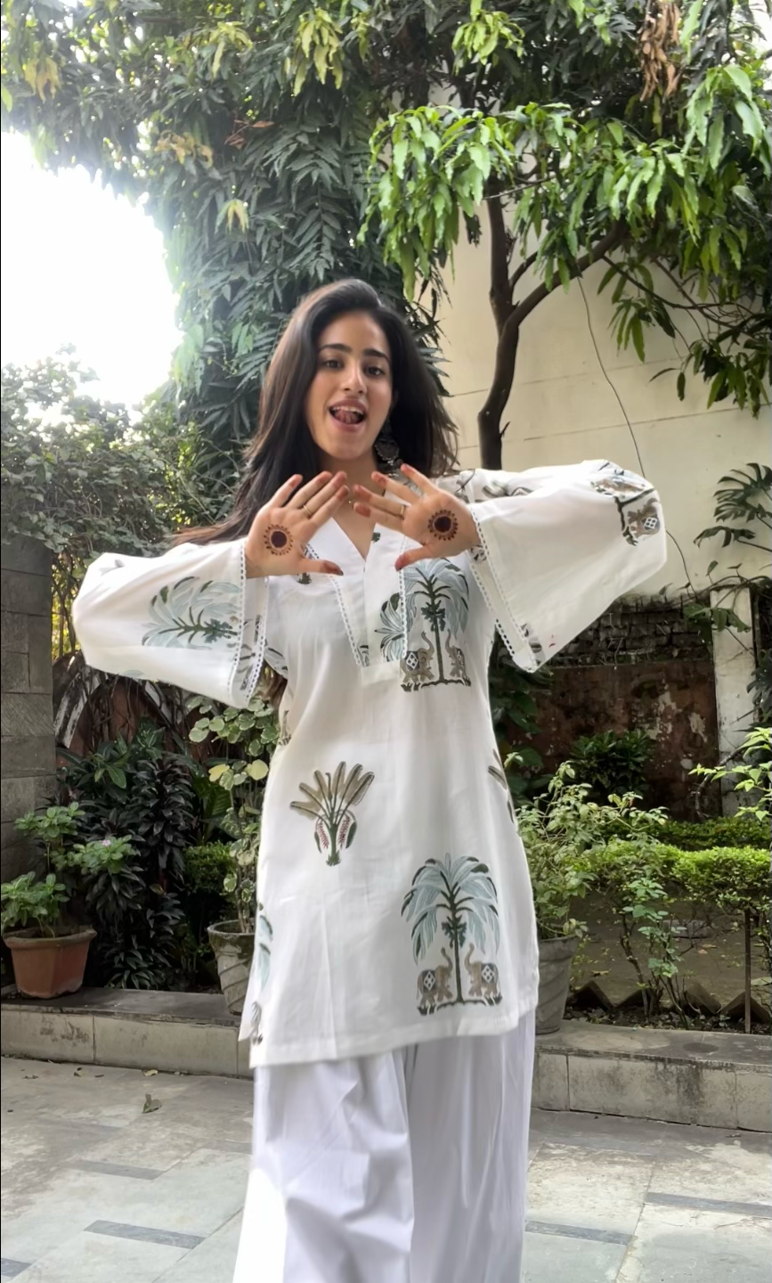 Cotton Palm Tree Block Printed Straight Kurta Farshi Salwar Set-White