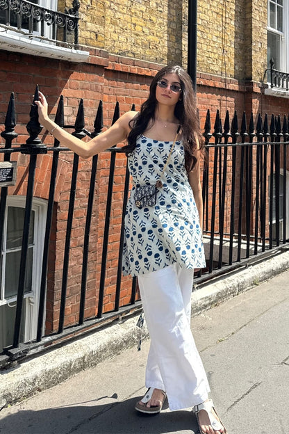 Cotton Block Printed Indigo Noodle Strap Kurta With Dori Detail