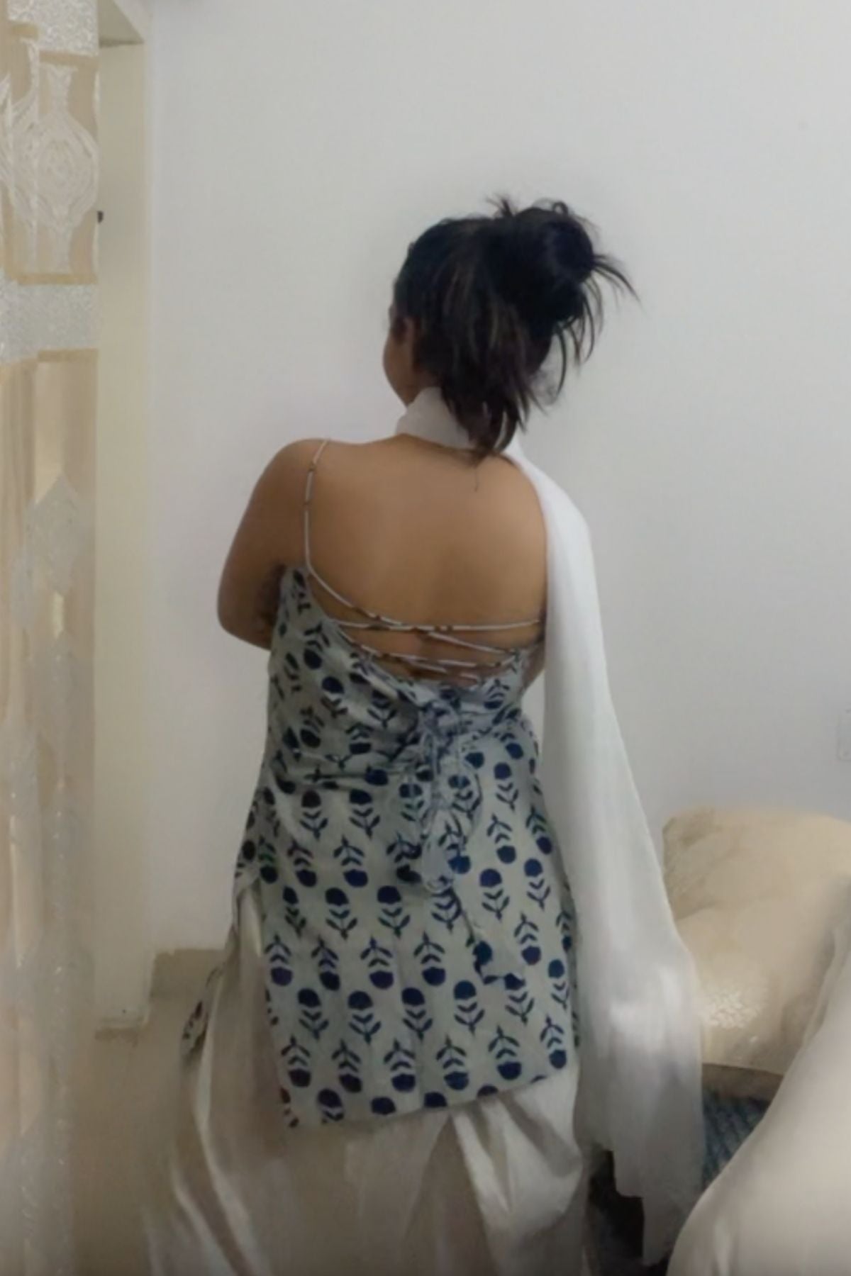 Cotton Block Printed Indigo Noodle Strap Kurta With Dori Detail