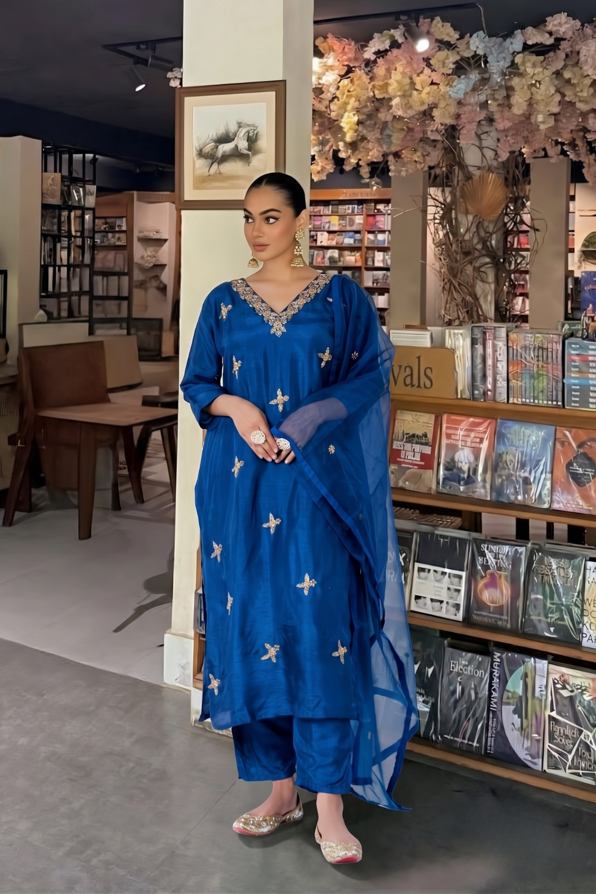 Teal Silk Zardozi Straight Kurta Set With Organza Dupatta