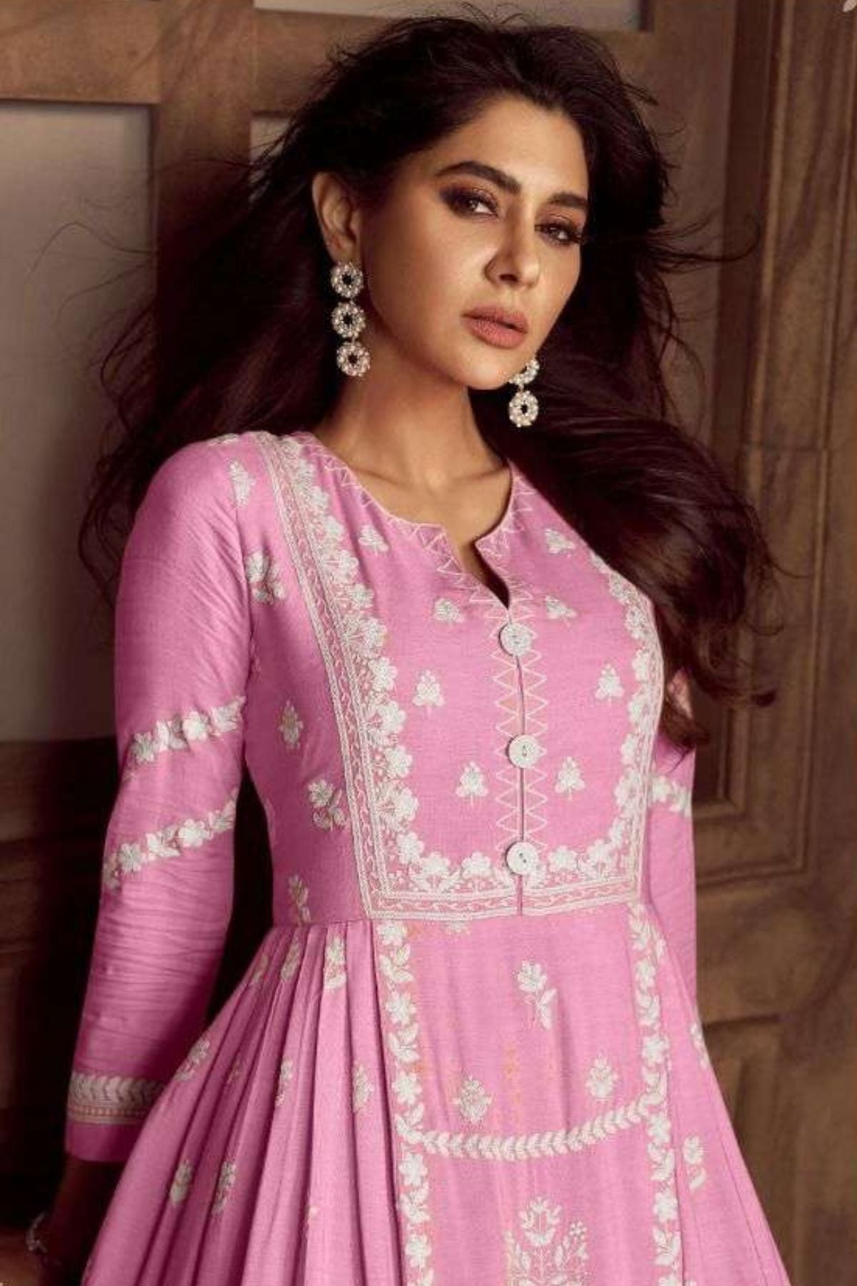 Rayon Pink Lucknowi Kurta Set With Dupatta