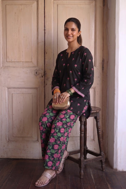 Black Embroidered Cotton Kurta with Printed Bell Bottom Pants
