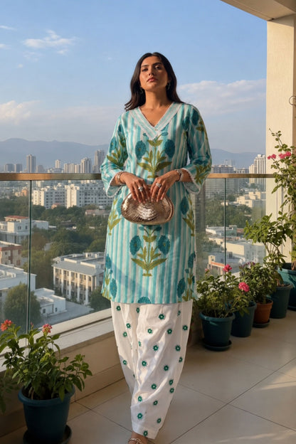 Green Printed Cotton Kurta with Semi Patiala Embroidered Salwar