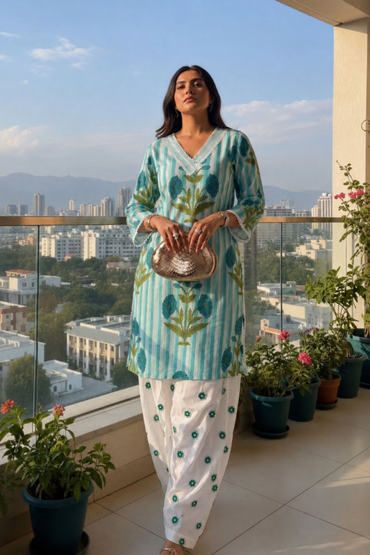Green Printed Cotton Kurta with Semi Patiala Embroidered Salwar