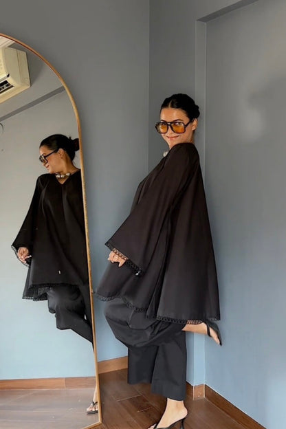 Solid Flex Cotton Short Anarkali Flared Pants Co-ord Set - Black