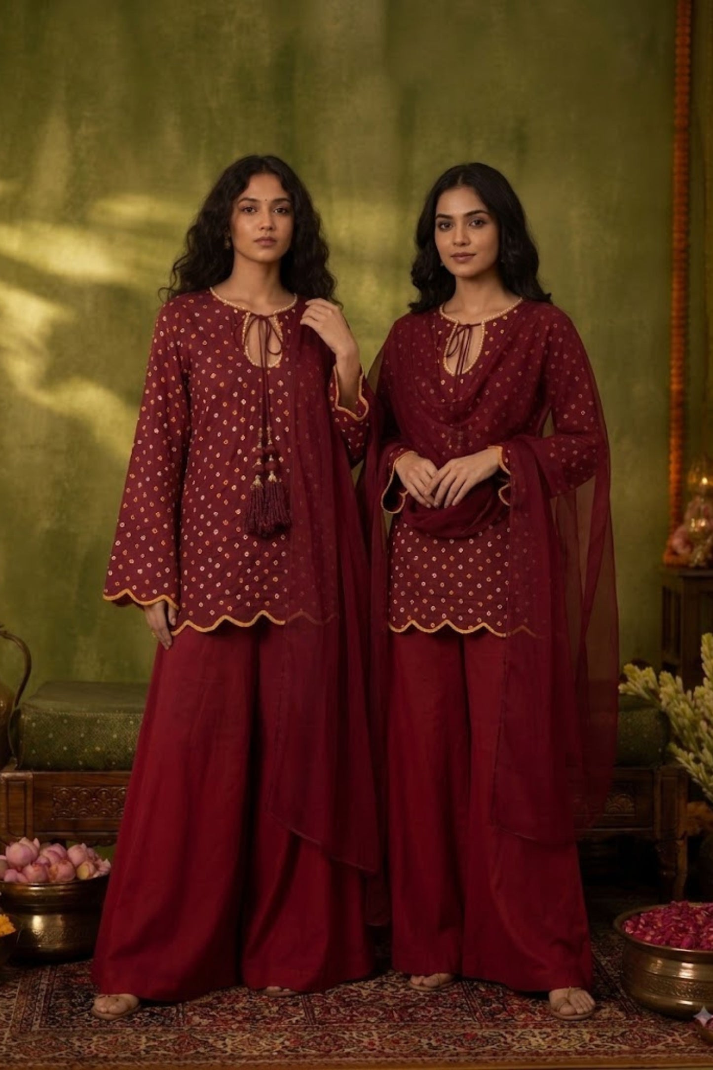Maroon Modal Bandhani Farshi Salwar Set With Tassels