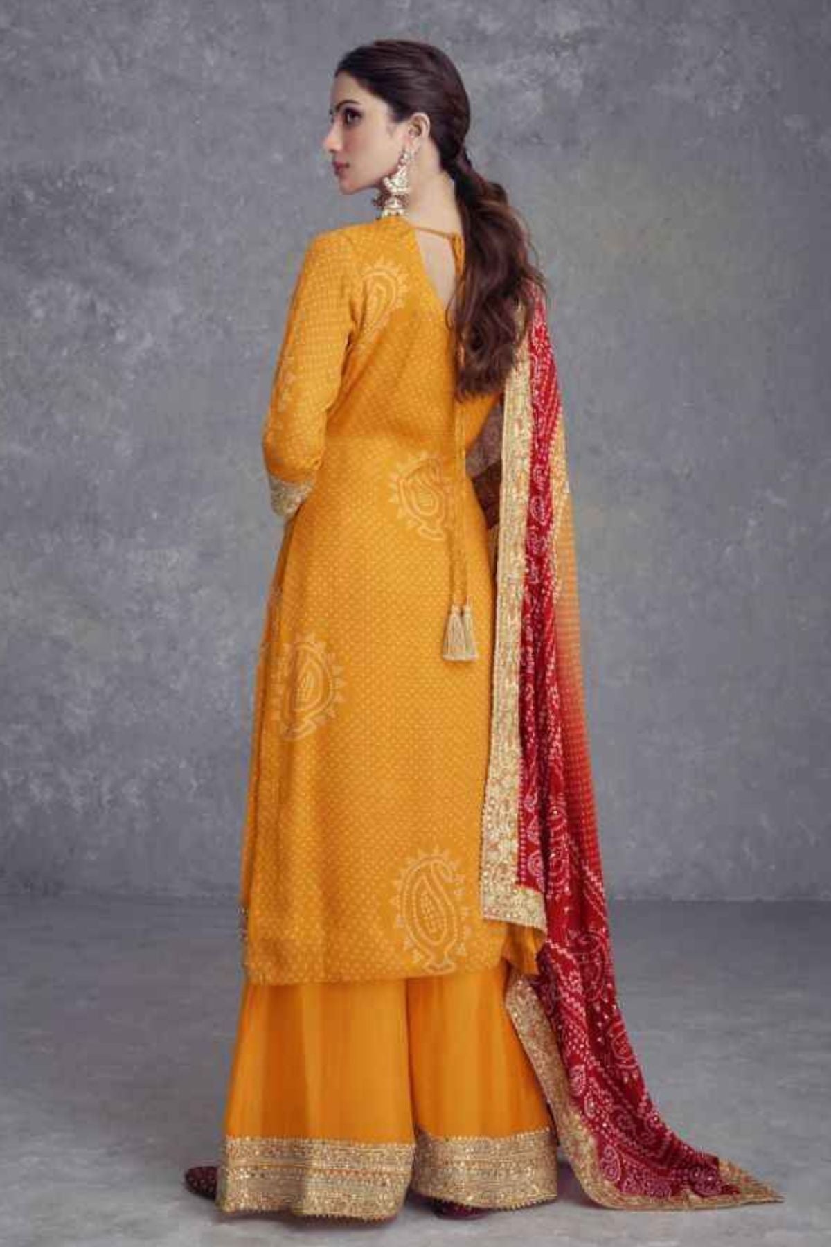 Chinon Bandhani Yellow Kurta Set With Dupatta