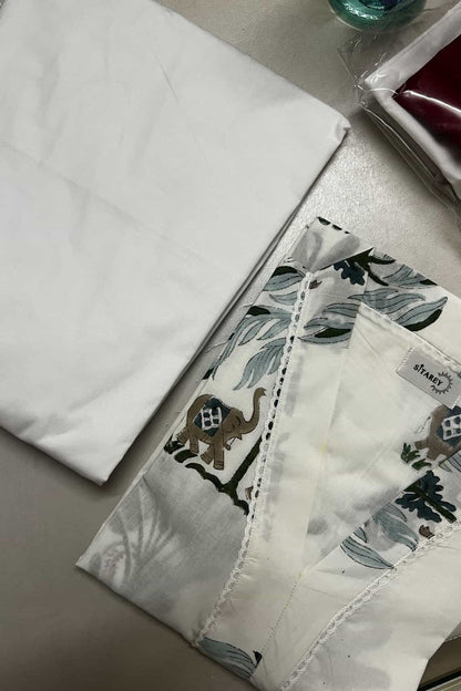 Cotton Palm Tree Block Printed Straight Kurta Farshi Salwar Set-White