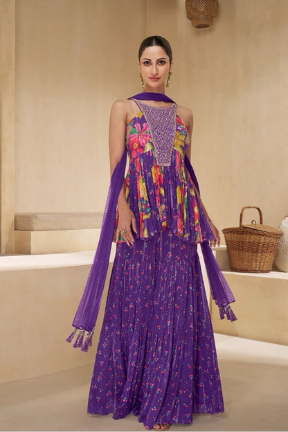 Embroidered Purple Kurta Set With Gharara