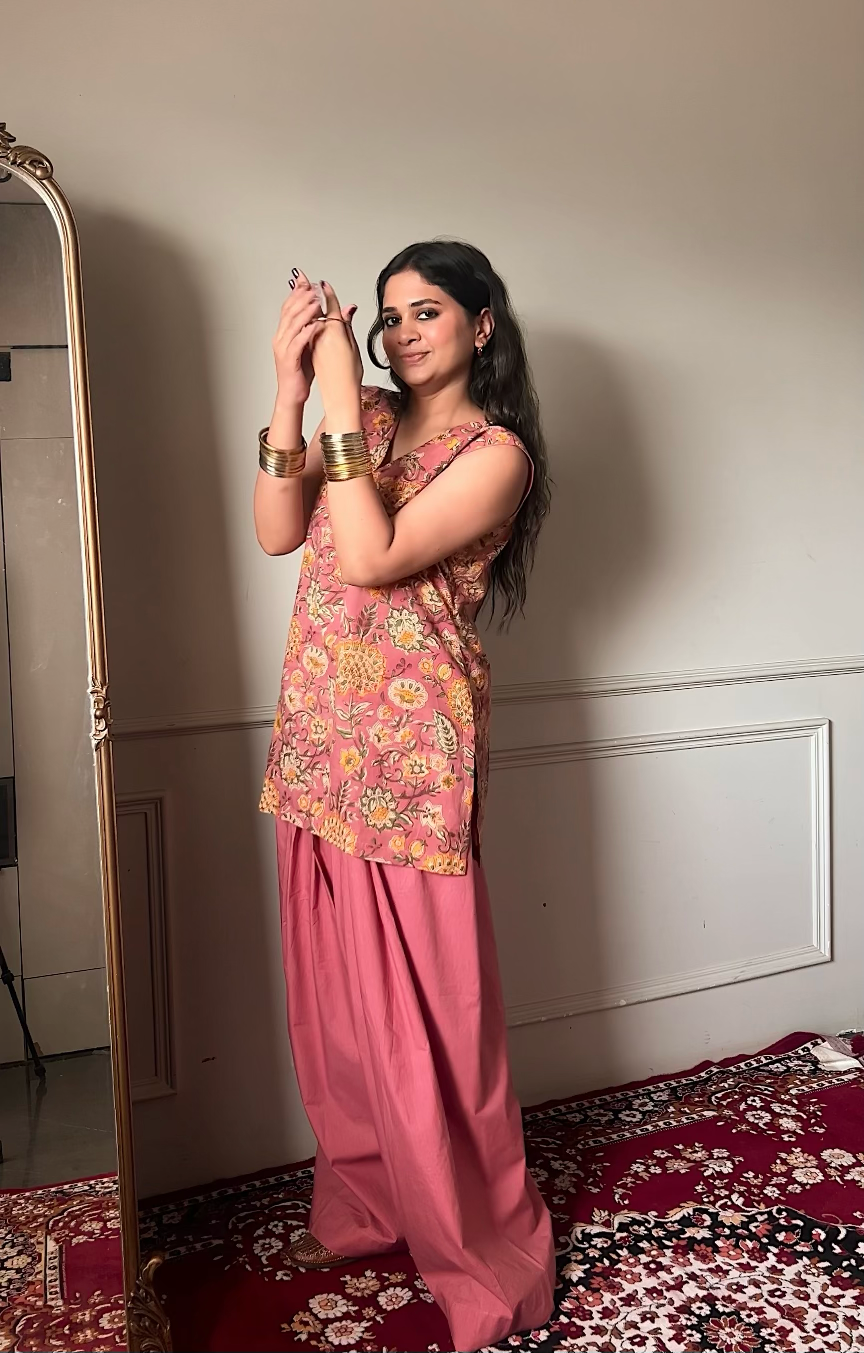 Cotton Block Printed Straight Kurta Salwar Set-Peach