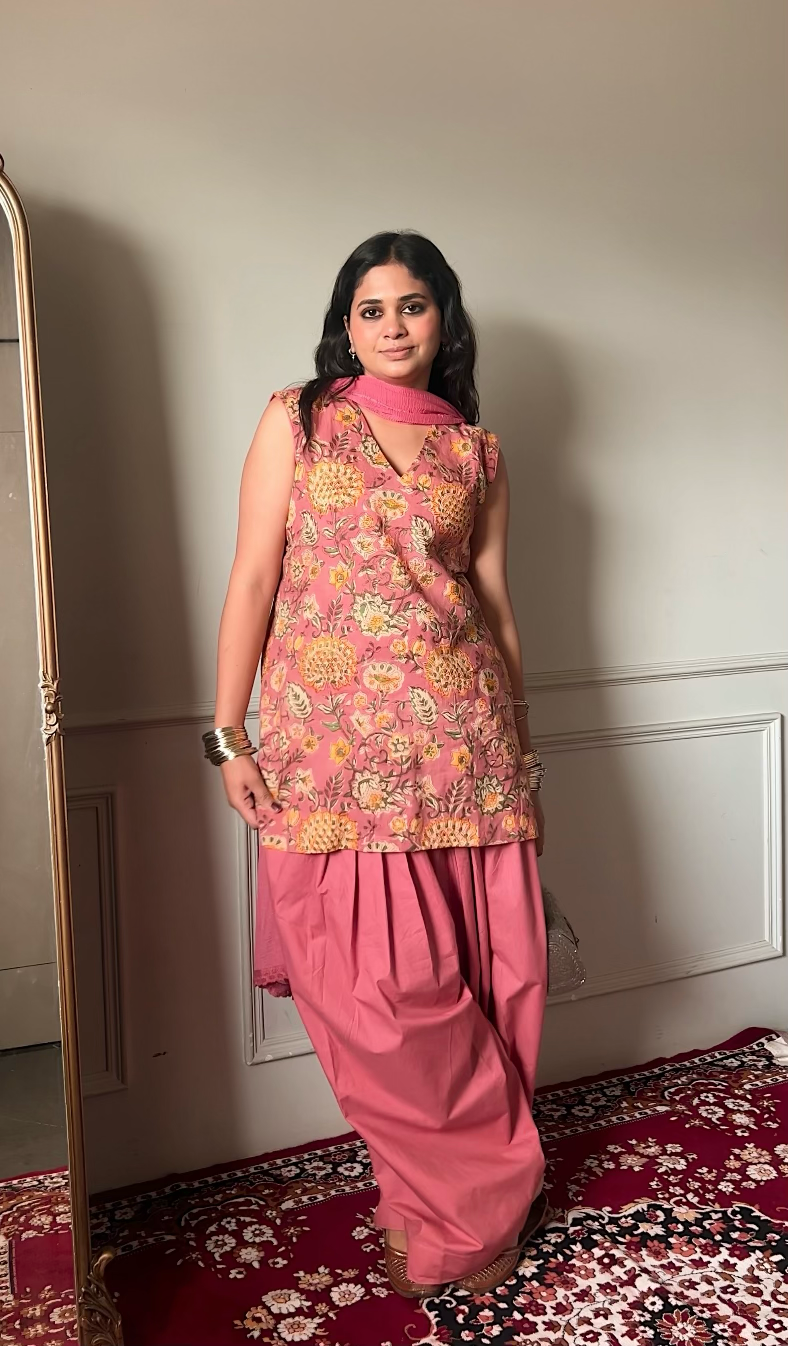 Cotton Block Printed Straight Kurta Salwar Set-Peach