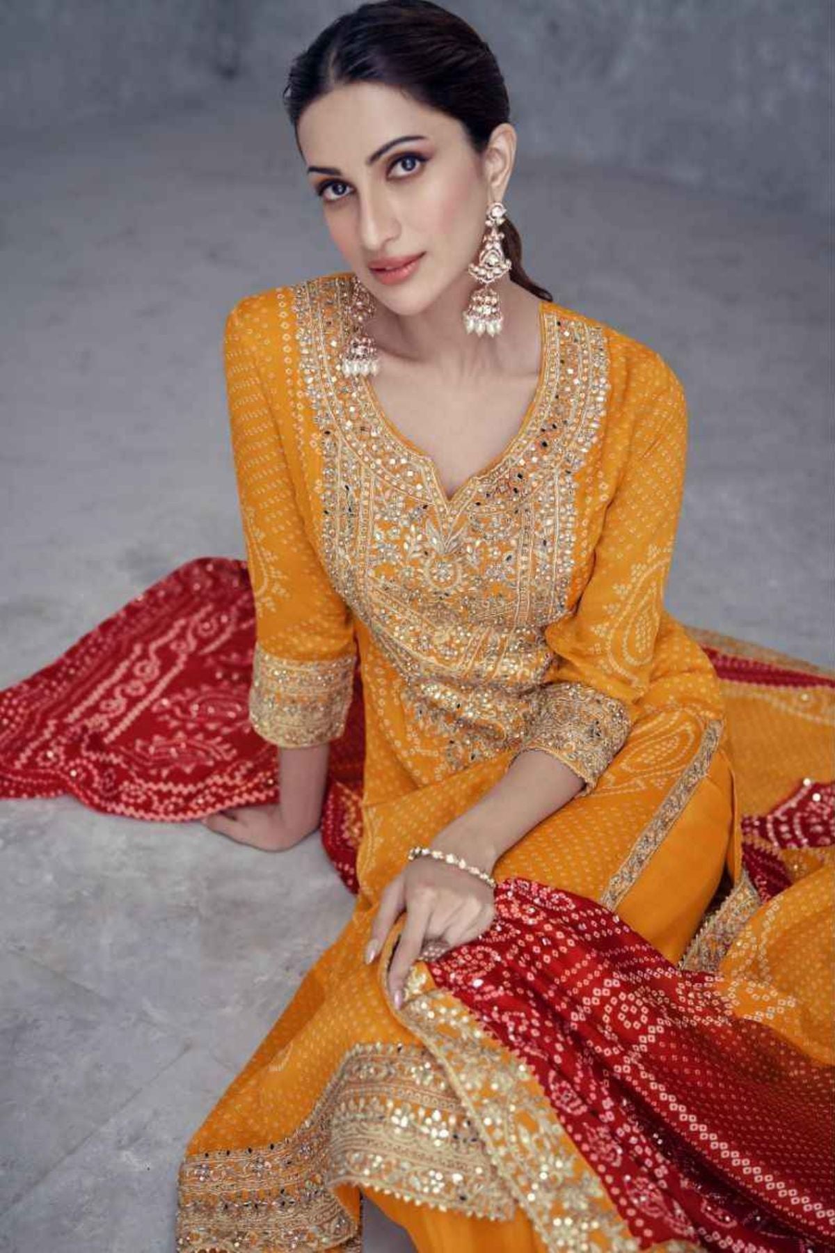 Chinon Bandhani Yellow Kurta Set With Dupatta