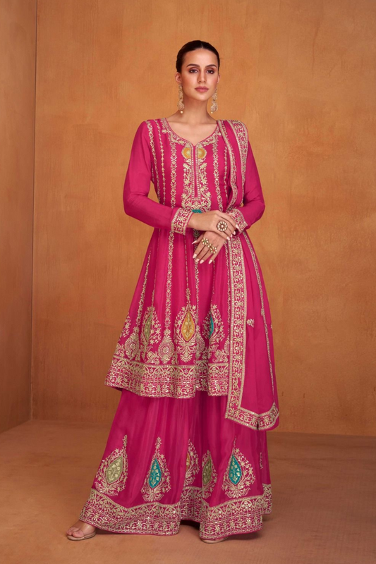 Chinon Silk Pink A-line Kurta Set With Sharara