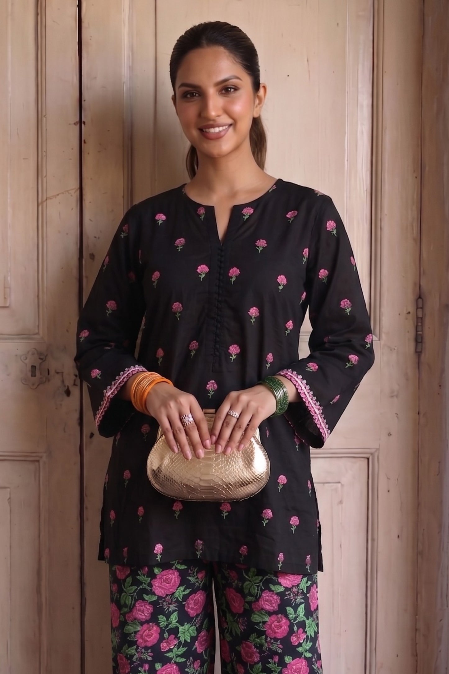 Black Embroidered Cotton Kurta with Printed Bell Bottom Pants