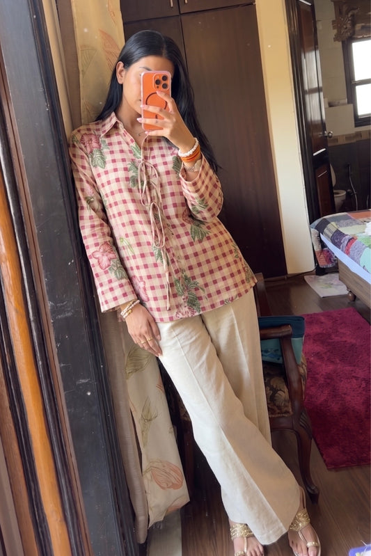 Pure Cotton Block Printed Check Kurti Shirt With Dori