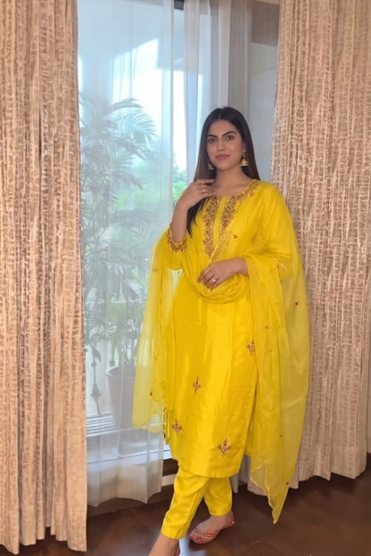 Yellow Silk Hand Embroidered Straight Kurta Set With Organza Dupatta