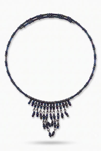 Artisan Midnight Iridescent Beaded Fringe Choker
