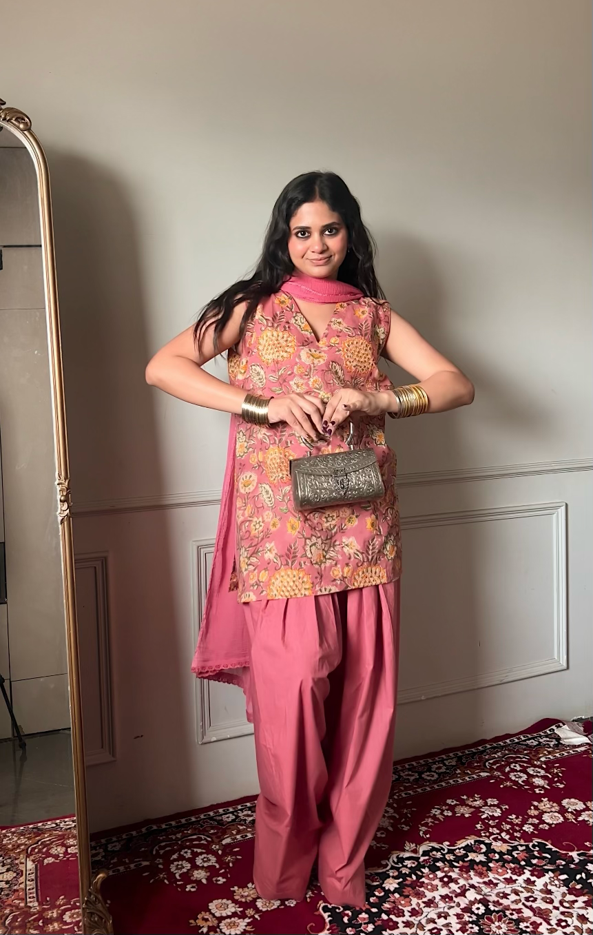 Cotton Block Printed Straight Kurta Salwar Set-Peach