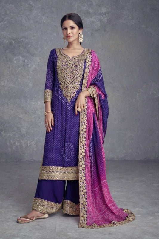 Chinon Bandhani Purple Kurta Set With Dupatta