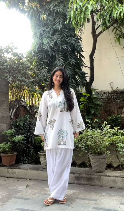 Cotton Palm Tree Block Printed Straight Kurta Farshi Salwar Set-White