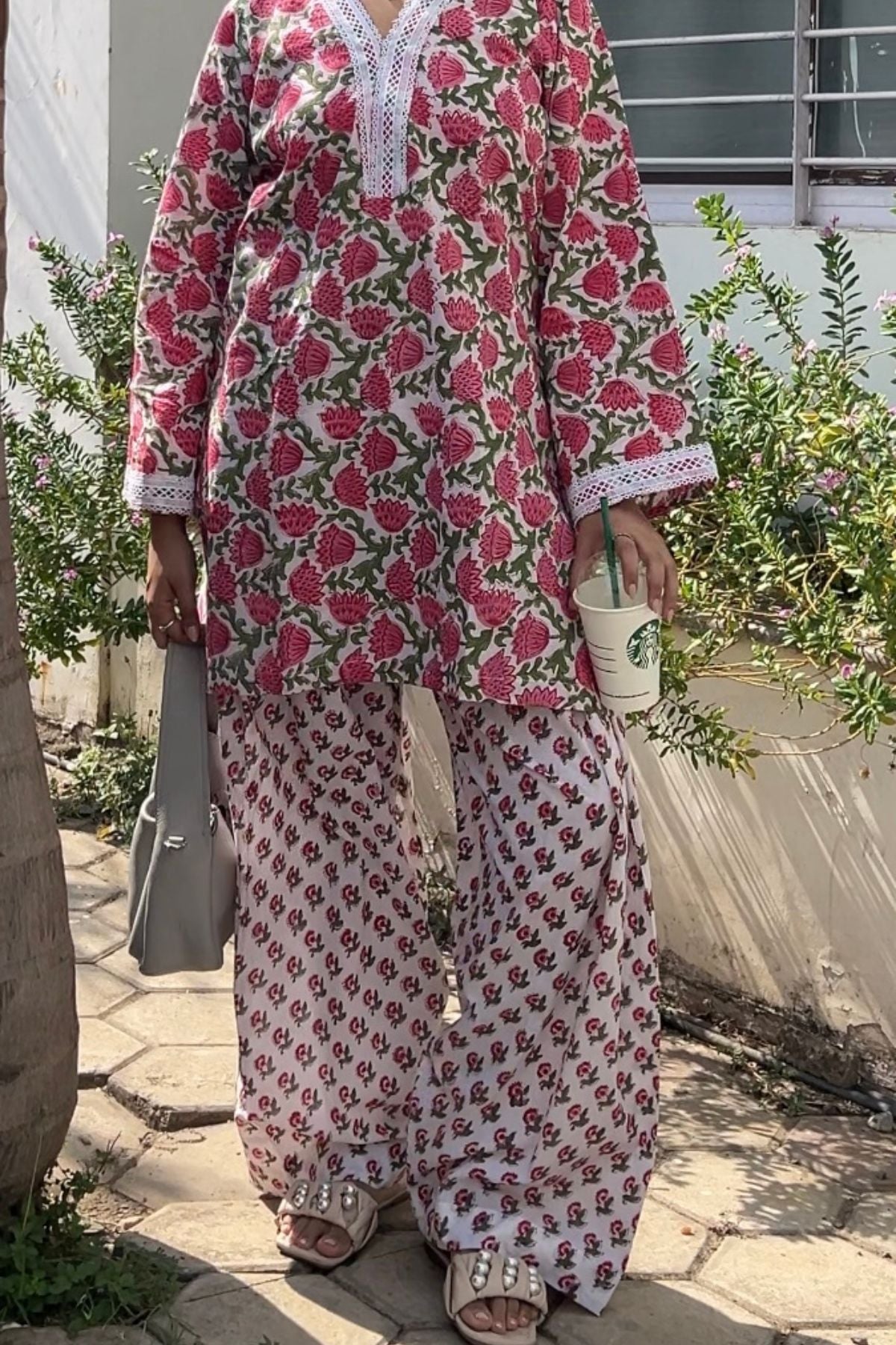 Tulip Cotton Block Printed Straight Kurta Farshi Salwar Set-White & Pink
