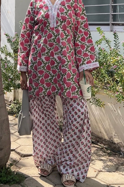 Tulip Cotton Block Printed Straight Kurta Farshi Salwar Set-White & Pink