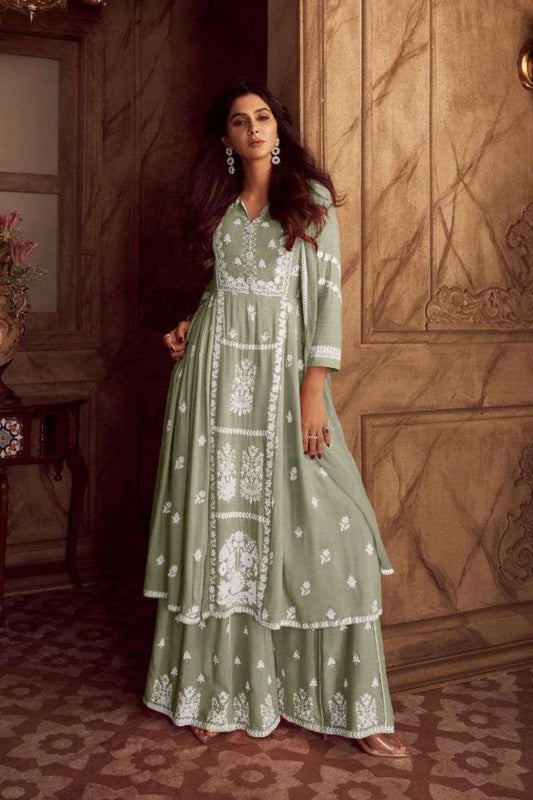 Rayon Green Lucknowi Kurta Set With Dupatta