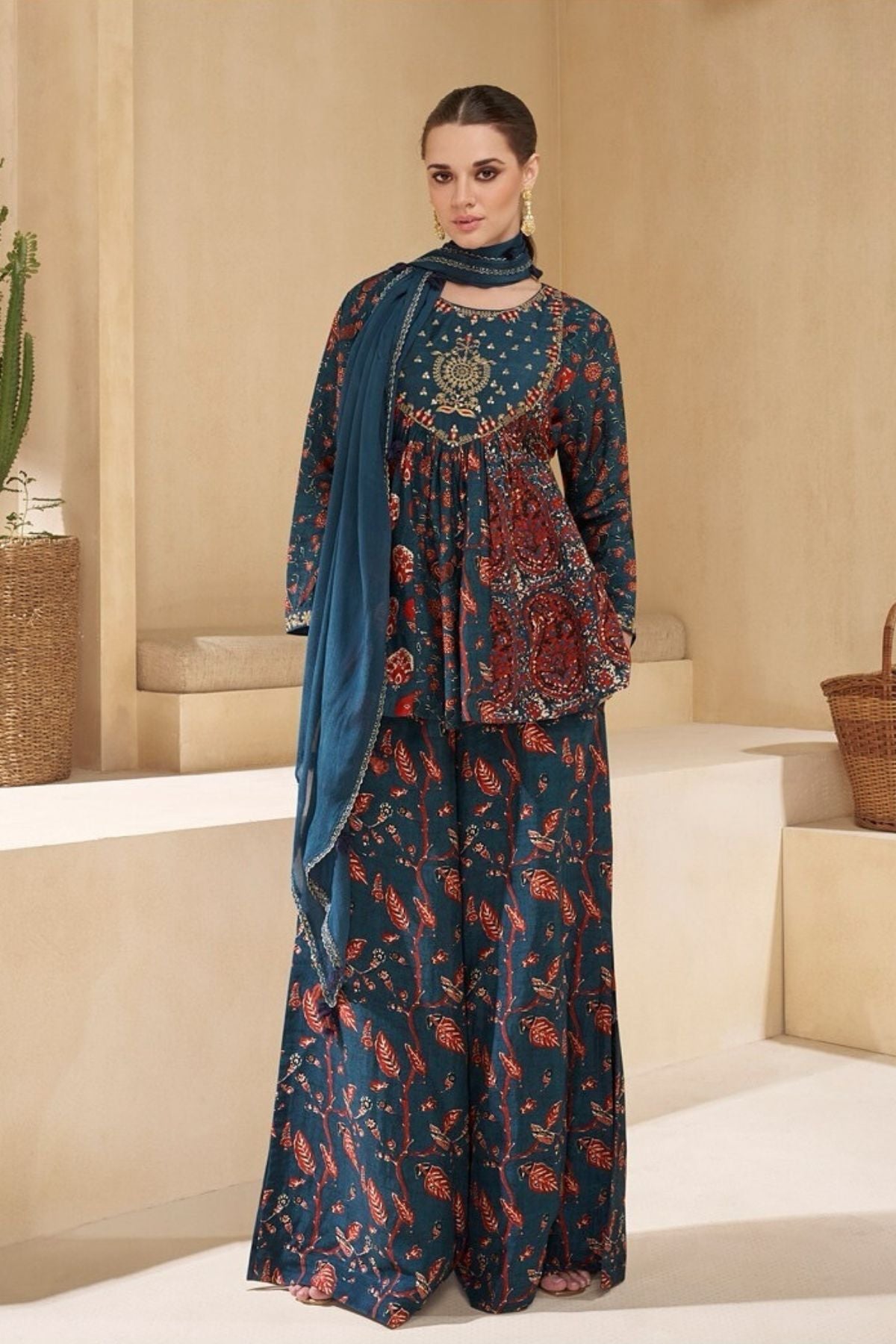 Embroidered Blue Short Kurta Set With With Dupatta