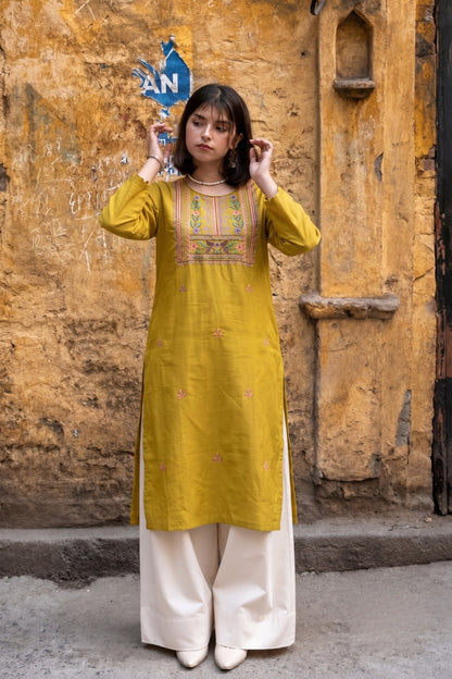 Green Cotton Satin Hand Embroidered Kurta