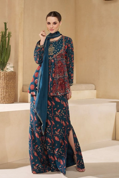 Embroidered Blue Short Kurta Set With With Dupatta