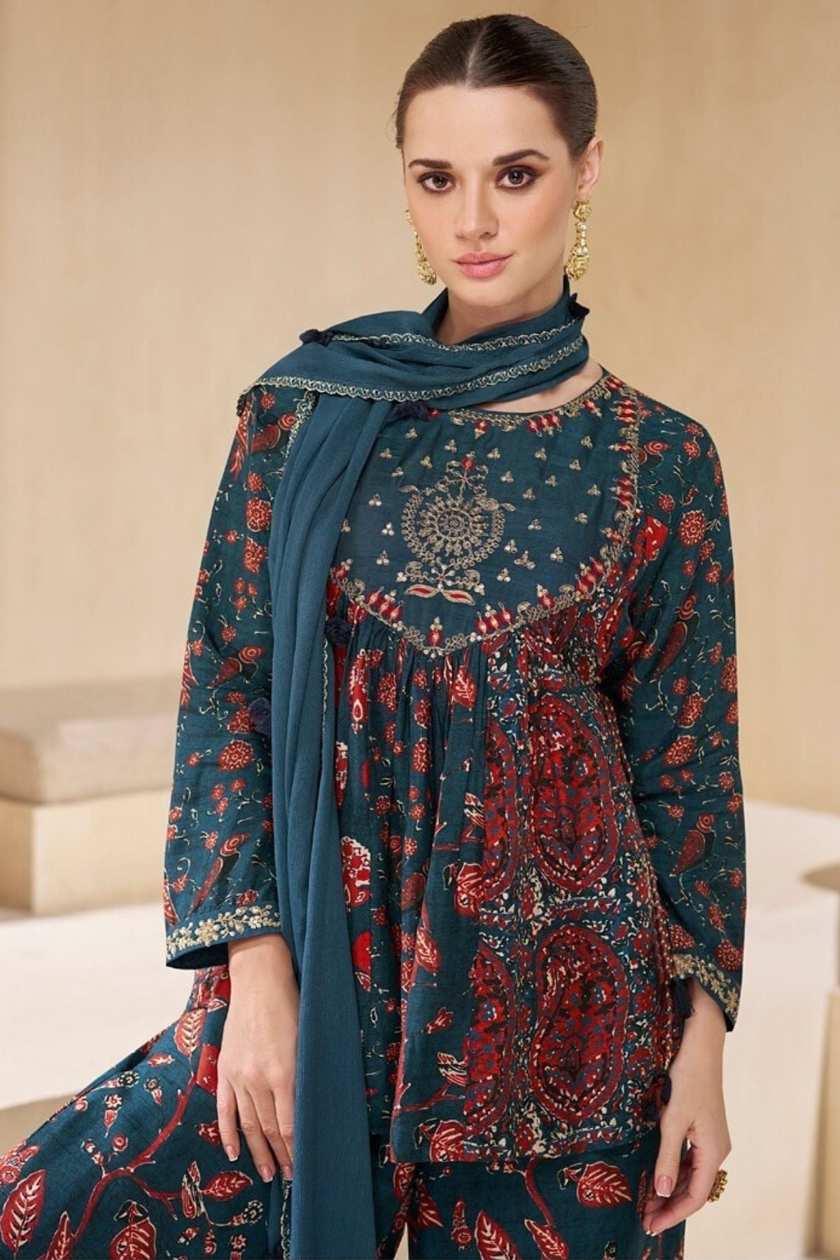 Embroidered Blue Short Kurta Set With With Dupatta