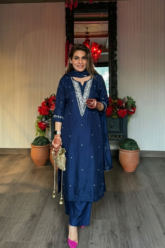 Blue Silk Mirror Work Straight Kurta Set With Banarasi Dupatta