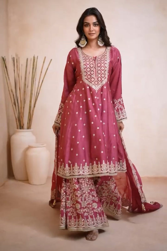 Chinon Silk Embroidered A-line Kurta Set With Sharara