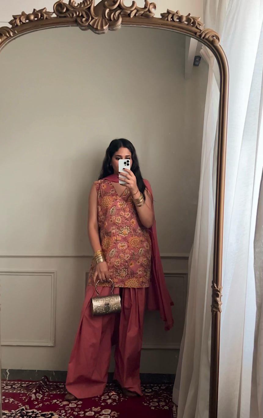 Cotton Block Printed Straight Kurta Salwar Set-Peach