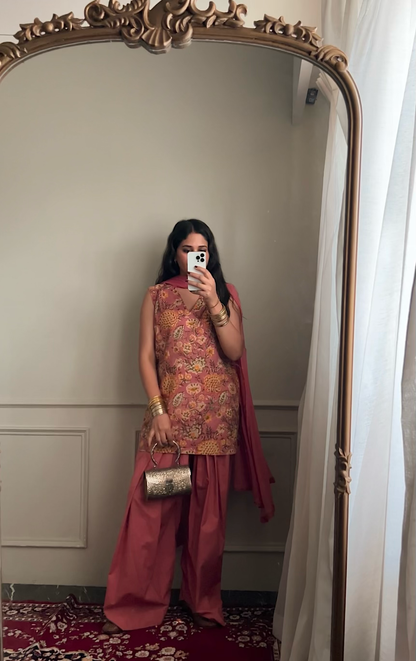 Cotton Block Printed Straight Kurta Salwar Set-Peach