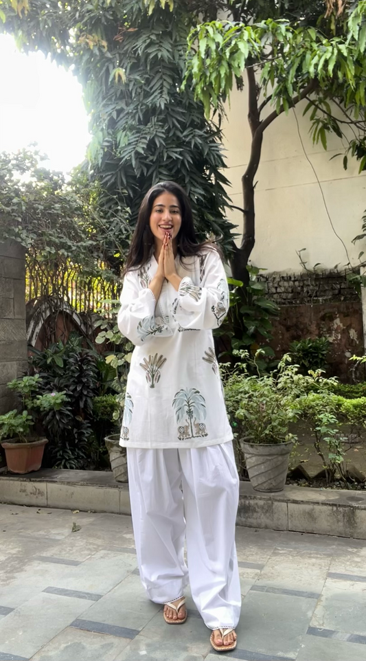 Cotton Palm Tree Block Printed Straight Kurta Farshi Salwar Set-White