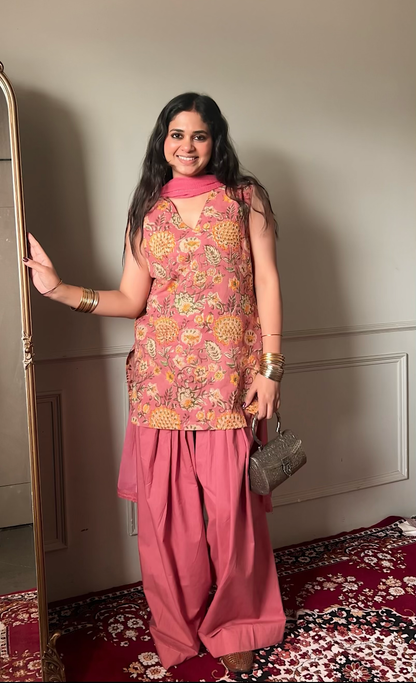 Cotton Block Printed Straight Kurta Salwar Set-Peach