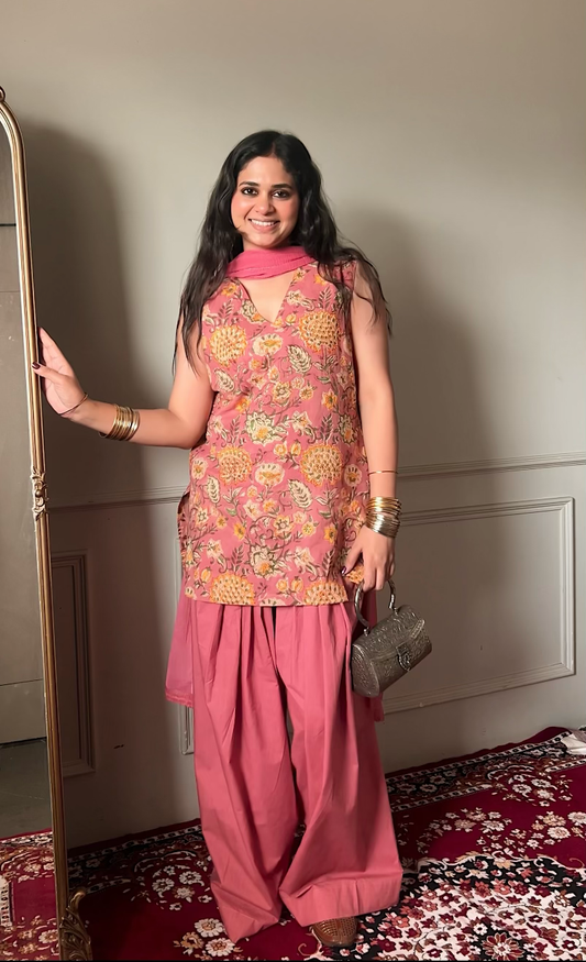 Cotton Block Printed Straight Kurta Salwar Set-Peach