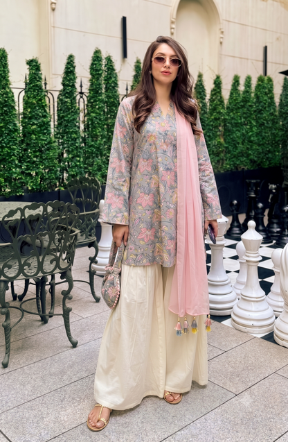 Pure Cotton Block Printed Gharara Set - Grey